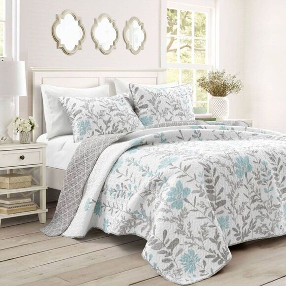 Lush Decor - 3pc Full/Queen Aprile Reversible Quilt Set Blue/Gr Blue/Gray - Picture 1 of 5